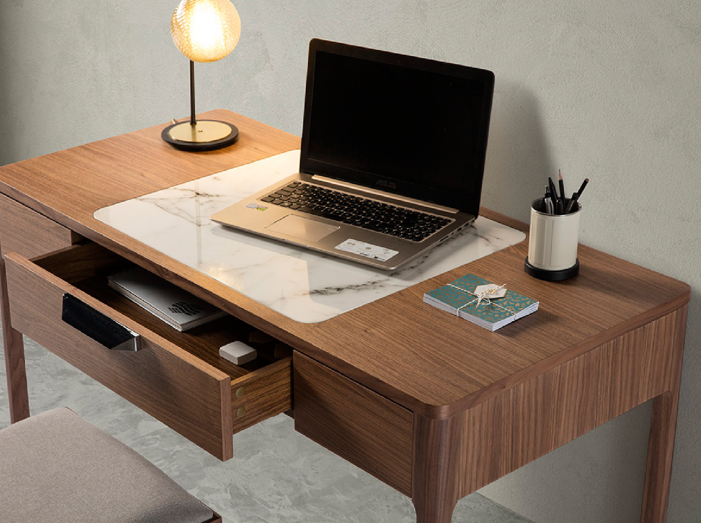Wood Office Desk with Marble Top